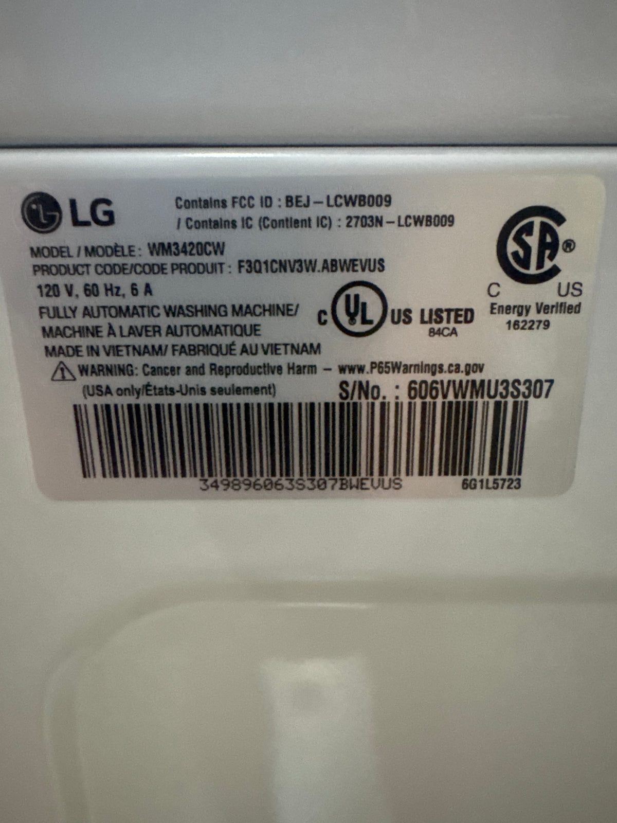 LG 4.5cu.ft Front Load Washer Model#WM3420CW Serial#606VWMU3S307 (HD933)