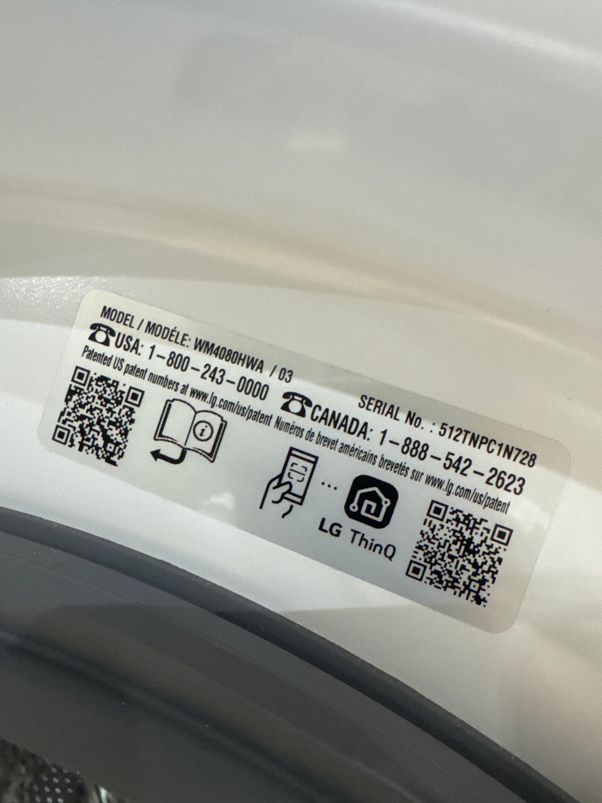LG 4.5cu.ft Front Load Washer Model#WM4080HWA Serial#512TNPC1N728 (87)