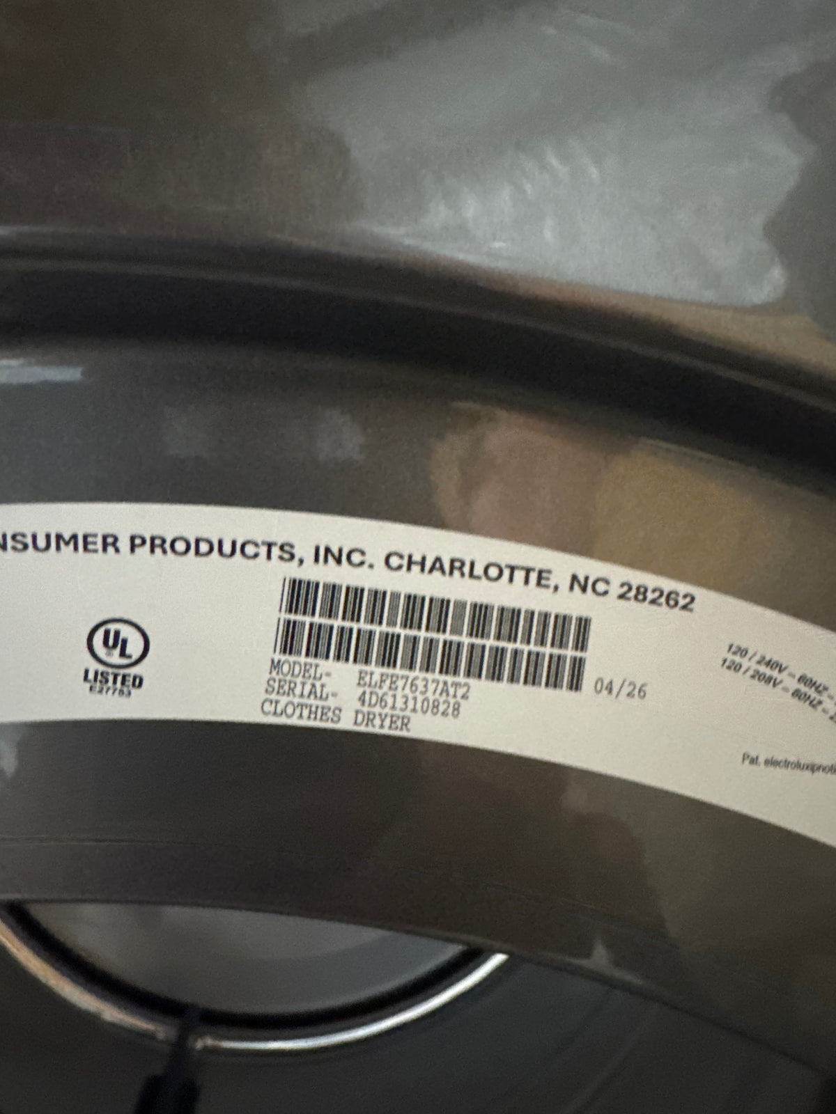 Electrolux 8.0cu.ft ELECTRIC Dryer Model#ELFE7637AT2 Serial#4D61310828 (96)
