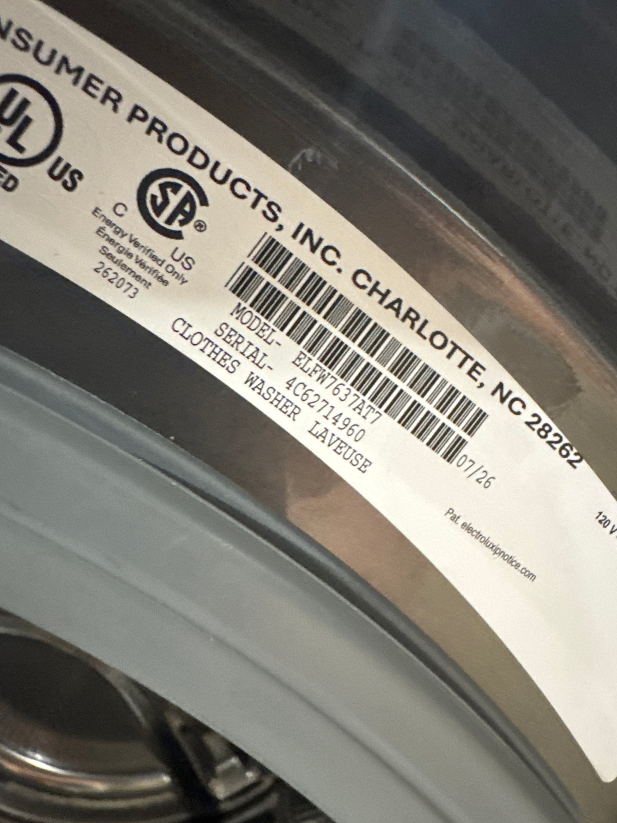 Electrolux 4.5cu.ft Front Load Washer Model#ELFW7637AT7 Serial#4C62714960 (97)