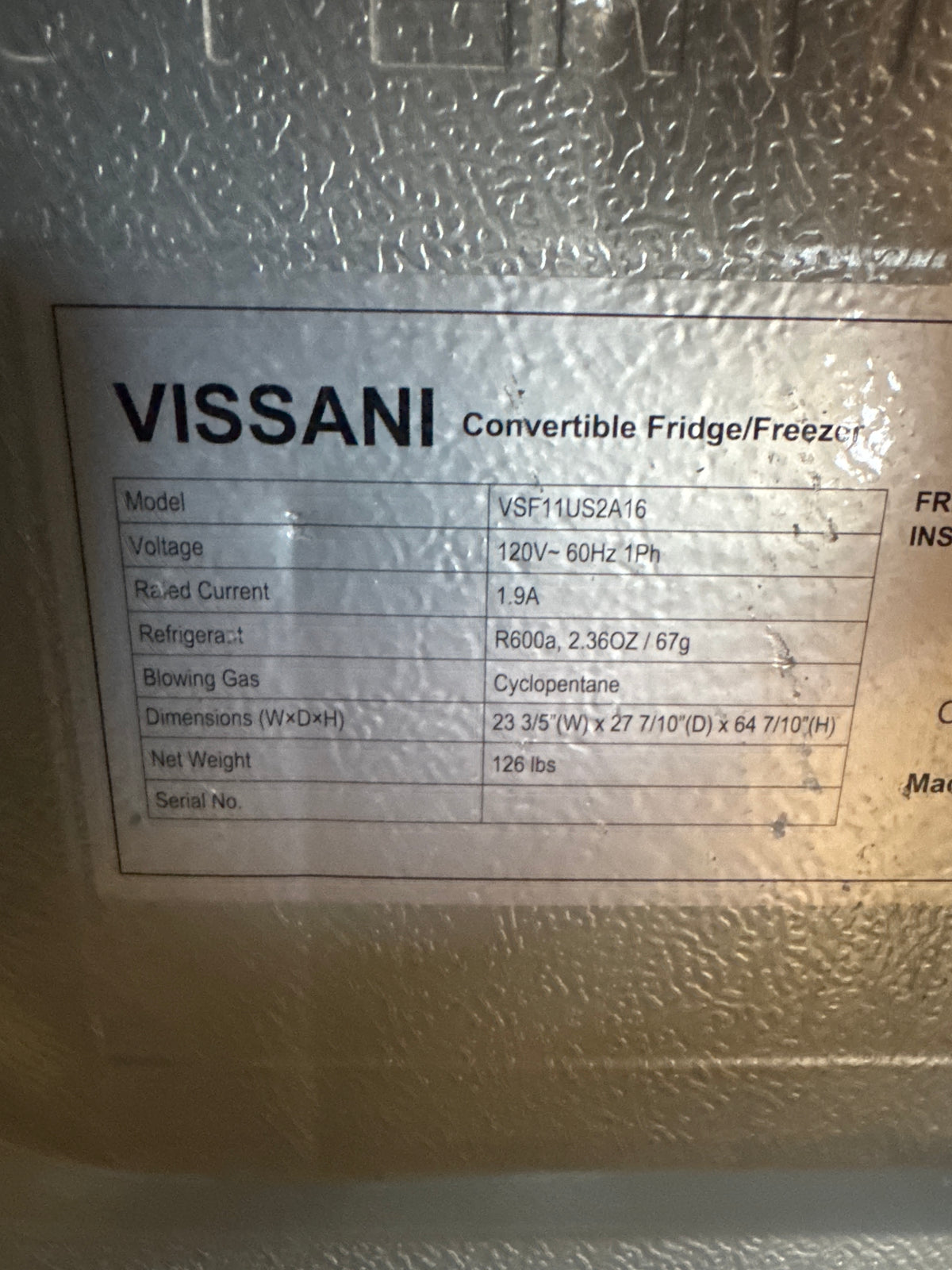 Vissani 24in CONVERTIBLE Upright Fridge/Freezer Model#VSF11US2A16 (P05)