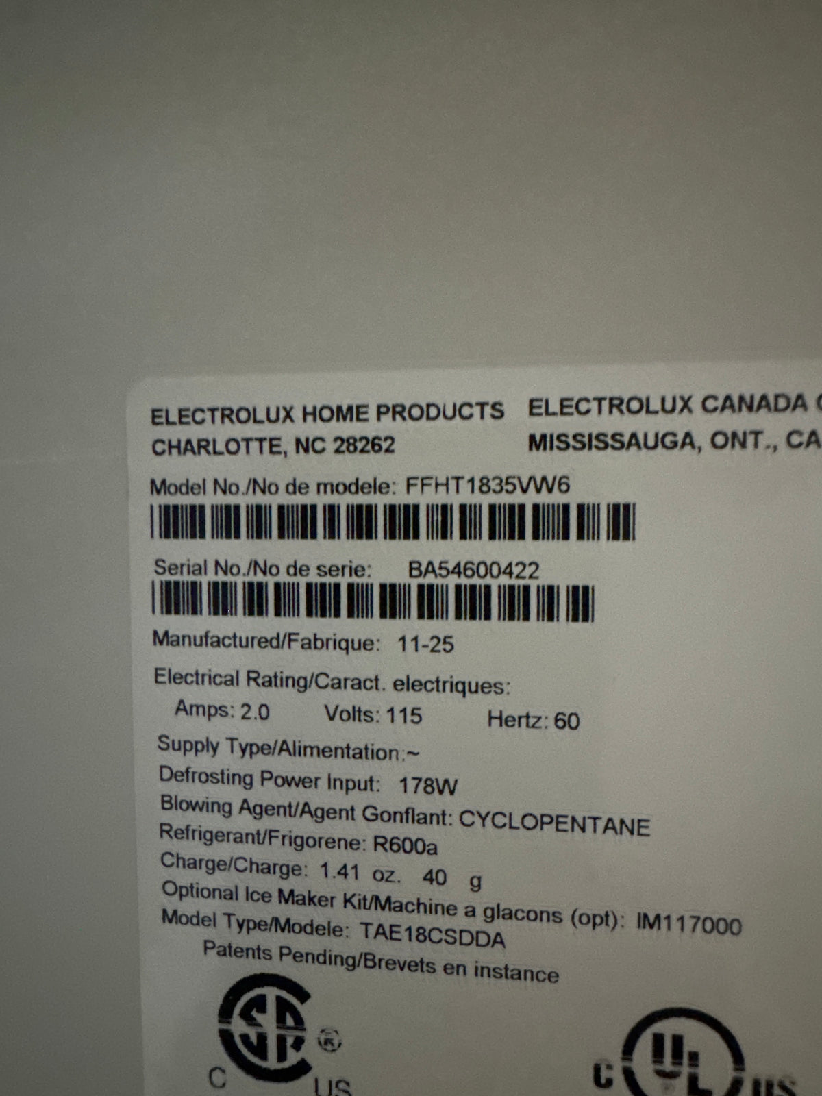 Frigidaire 30in Top Freezer Refrigerator Model#FFHT1835VW6 Serial#BA54600422 (24)