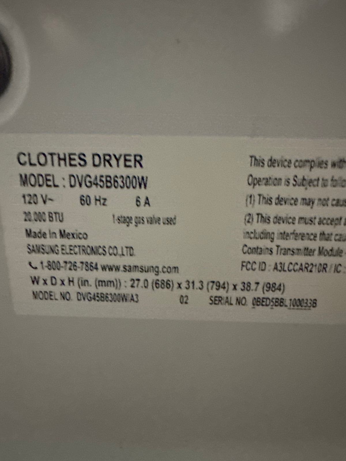 Samsung 7.5cu.ft GAS Dryer Model#DVG45B6300W Serial#0BED5BBL100033B (79)