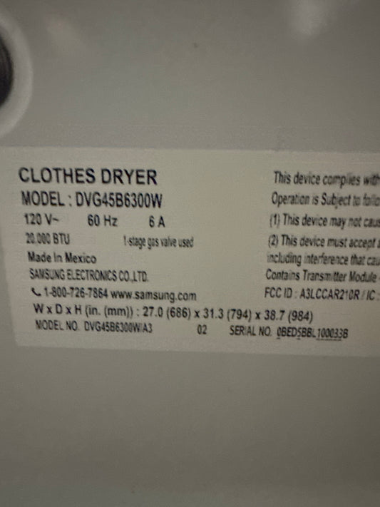 Samsung 7.5cu.ft GAS Dryer Model#DVG45B6300W Serial#0BED5BBL100033B (79)