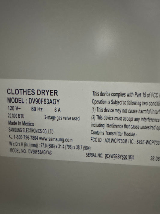 Samsung 7.6cu.ft GAS Dryer Model#DV90F53AGY Serial#0C4W5BBY800183L (76)