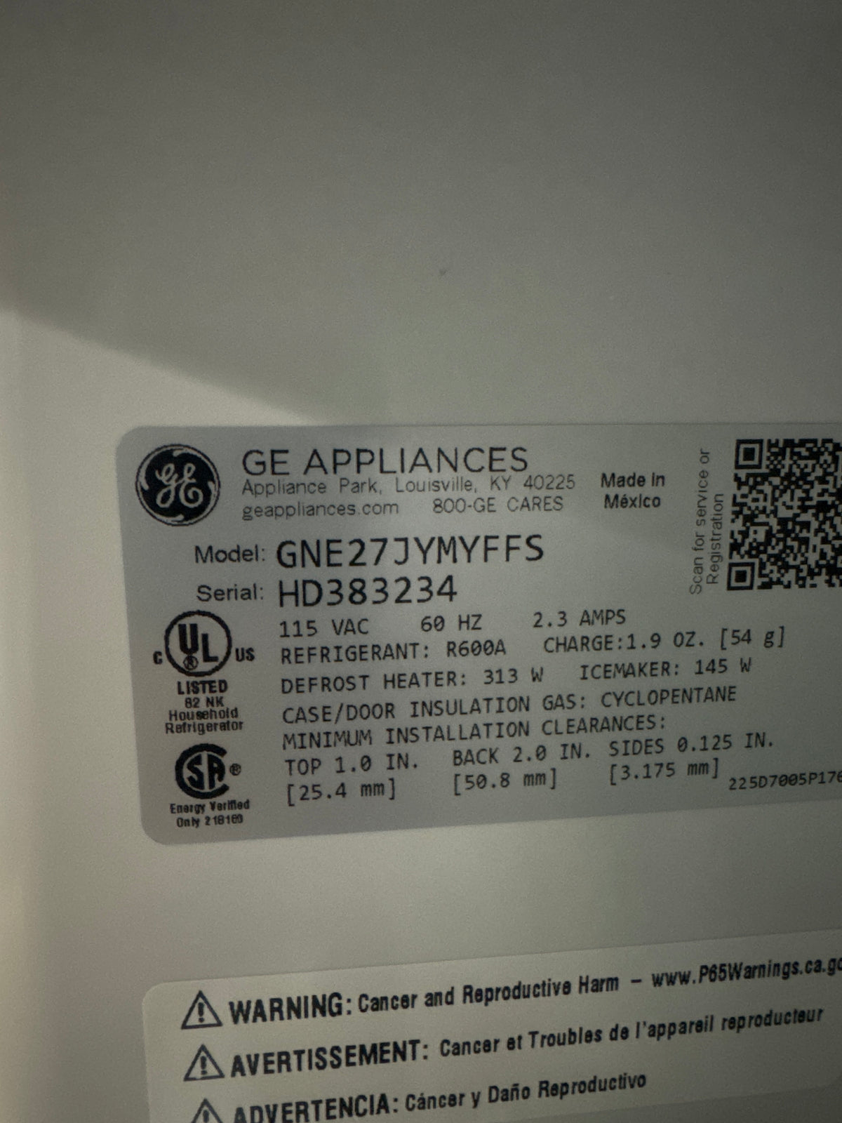 GE 36in French Door Refrigerator Model#GNE27JYMYFFS Serial#HD383334 (HD918)