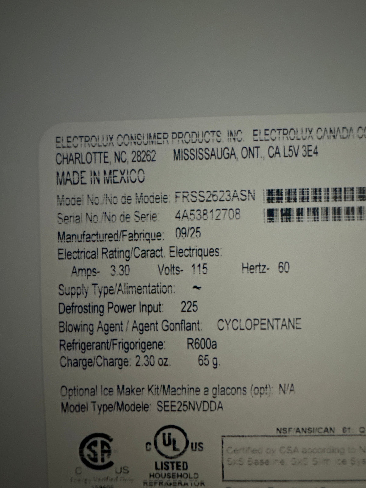 Frigidaire 36in Side by Side Refrigerator Model#FRSS2623ASN Serial#4A53812708 (59)