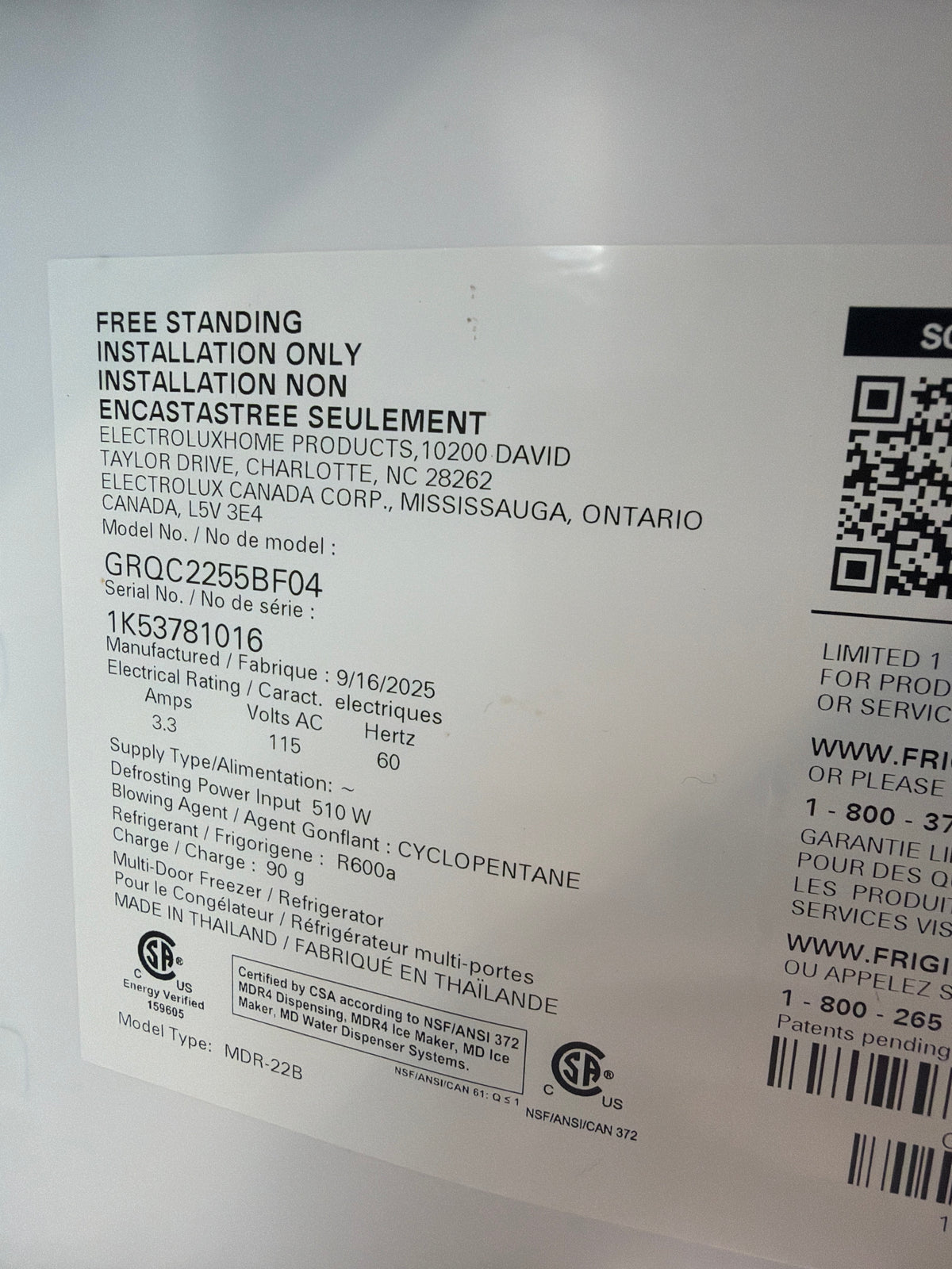 Frigidaire 36” 4 Door Counter Depth Refrigerator Model #GRQC2255BF04  Serial #1K53781016 (26)