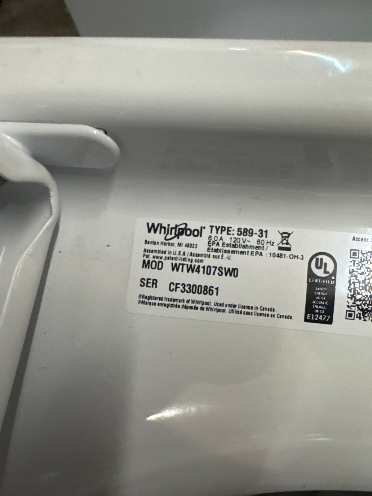 Whirlpool 4.2-4.3cu.ft Top Load Washer Model#WTW4107SW0 Serial#CF3300861 (HD909)