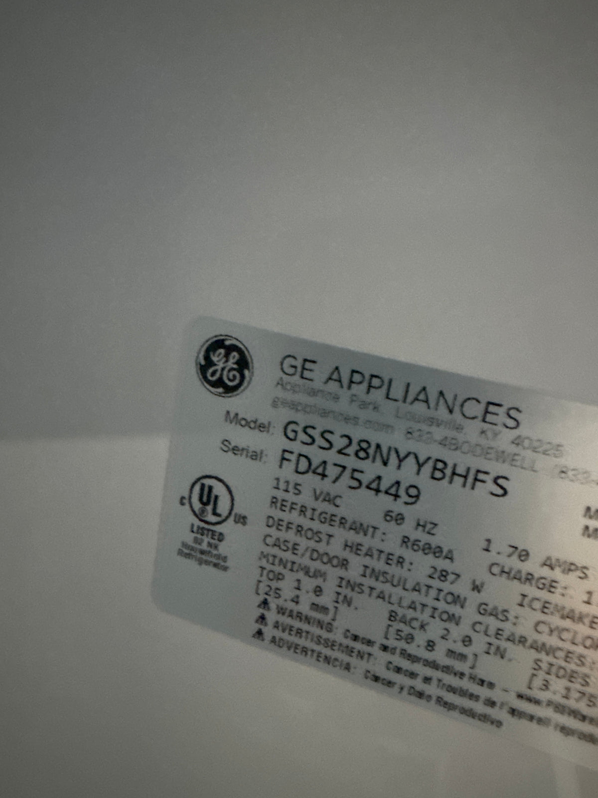 GE 36in Side by Side Refrigerator Model#GSS28NYYBHFS Serial#FD475449 (HD943)