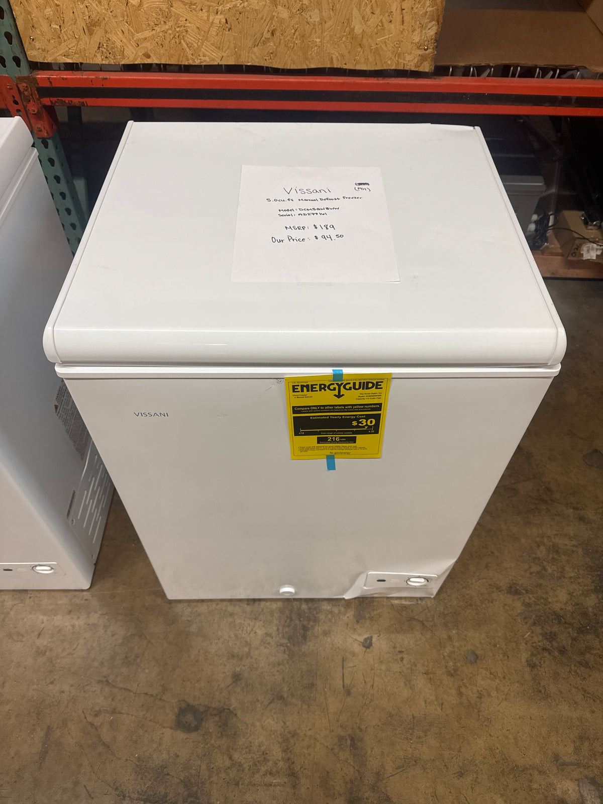 Vissani 5.0cu.ft Manual Defrost Chest Freezer Model#DCM5QWBWW Serial#AD277161 (P01)