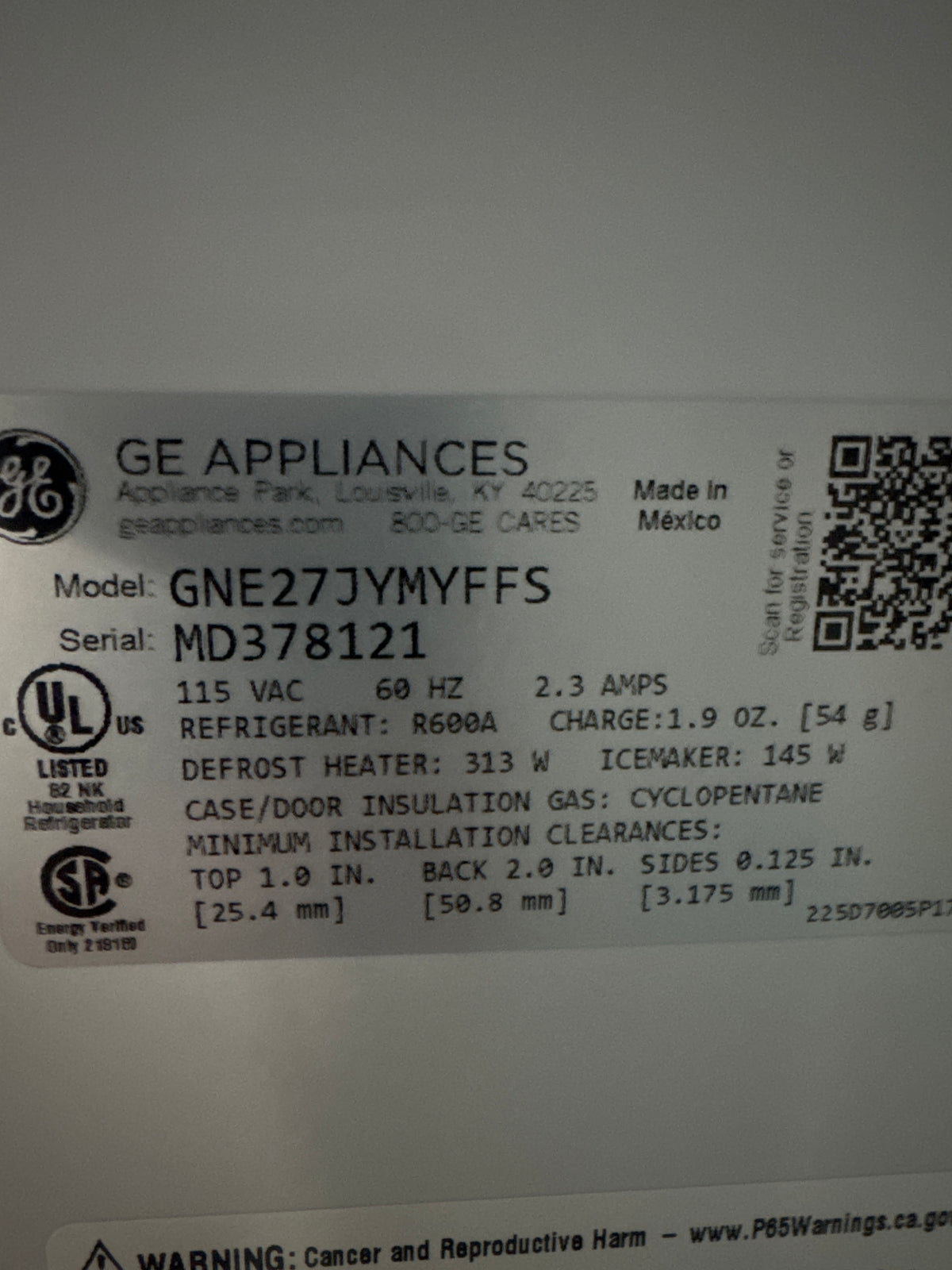 GE 36in French Door Refrigerator Model#GNE27JYMYFFS Serial#MD378121 (HD921)