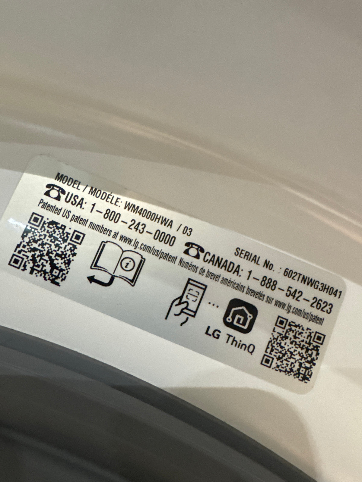 LG 4.5cu.ft Front Load Washer Model#WM4000HWA Serial#602TNWG3H041 (92)