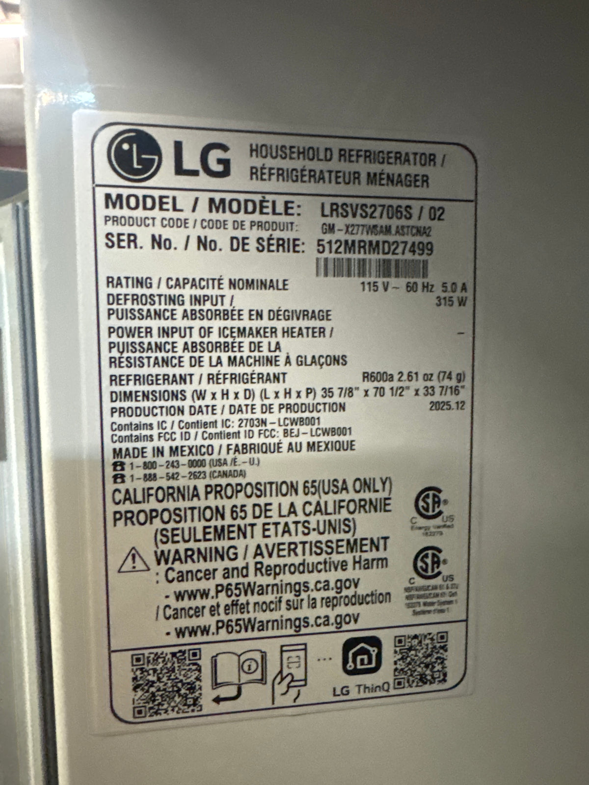 LG 36in Side by Side Refrigerator Model#LRSVS2706S Serial#512MRMD27499 (08)