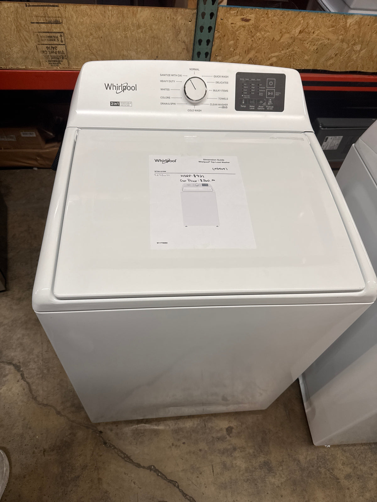 Whirlpool 4.2-4.3cu.ft Top Load Washer Model#WTW4107SW0 Serial#CF3300861 (HD909)