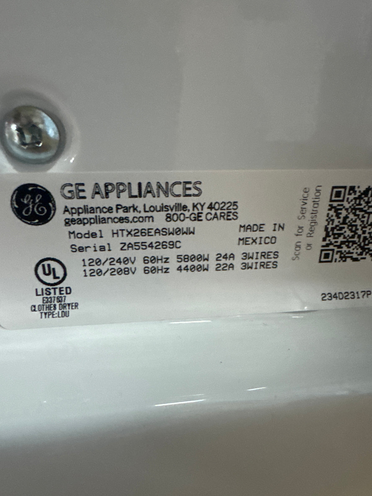Hotpoint 6.2cu.ft ELECTRIC Dryer Model#HTX26EASW0WW Serial#ZA554269C (P13)