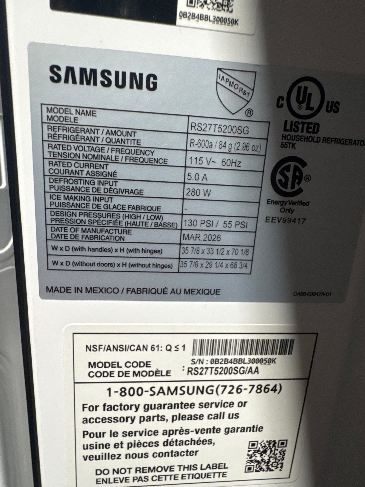 Samsung 36in Side by Side Refrigerator Model#RS27T5200SG Serial#0B2B4BBL300050K (48)