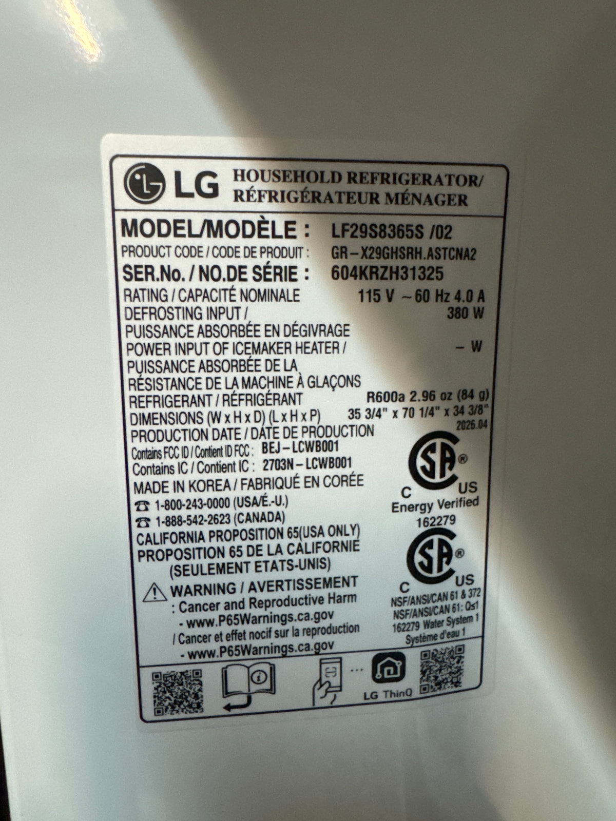 LG 36in InstaView 4-Door French Door Refrigerator Model#LF29S8365S Serial#604KRZH31325 (08)