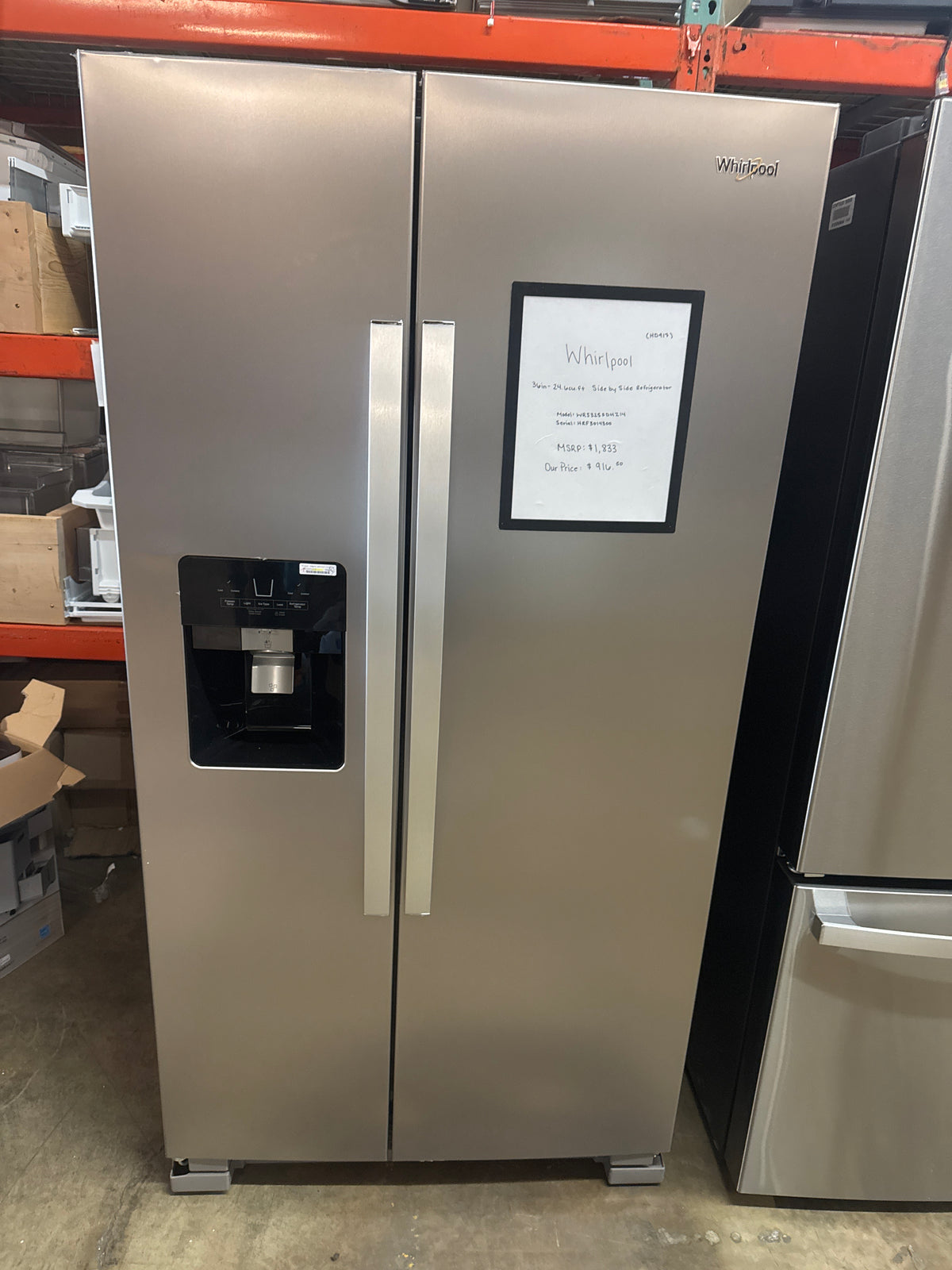 Whirlpool 36in Side by Side Refrigerator Model#WRS325SDHZ14 Serial#HRF3014300 (HD917)
