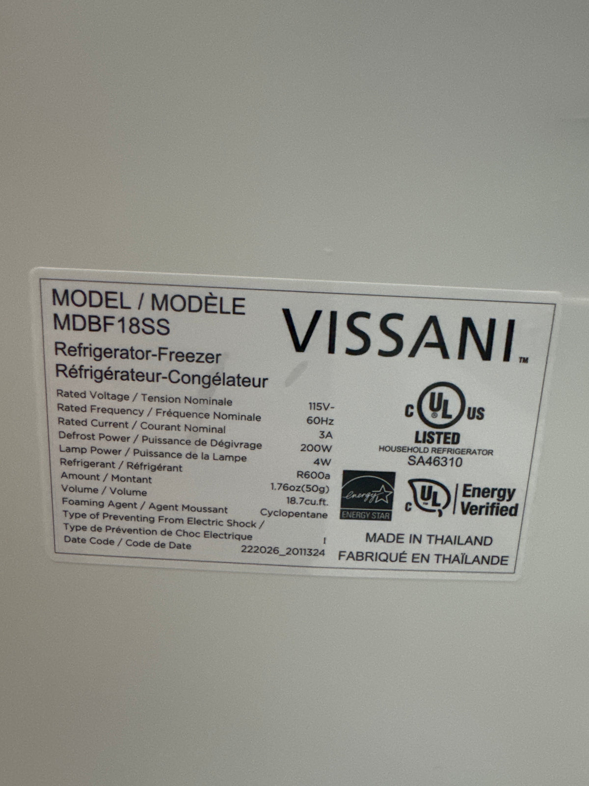 Vissani 30in Bottom Freezer Refrigerator Model#MDBF18SS (P10)