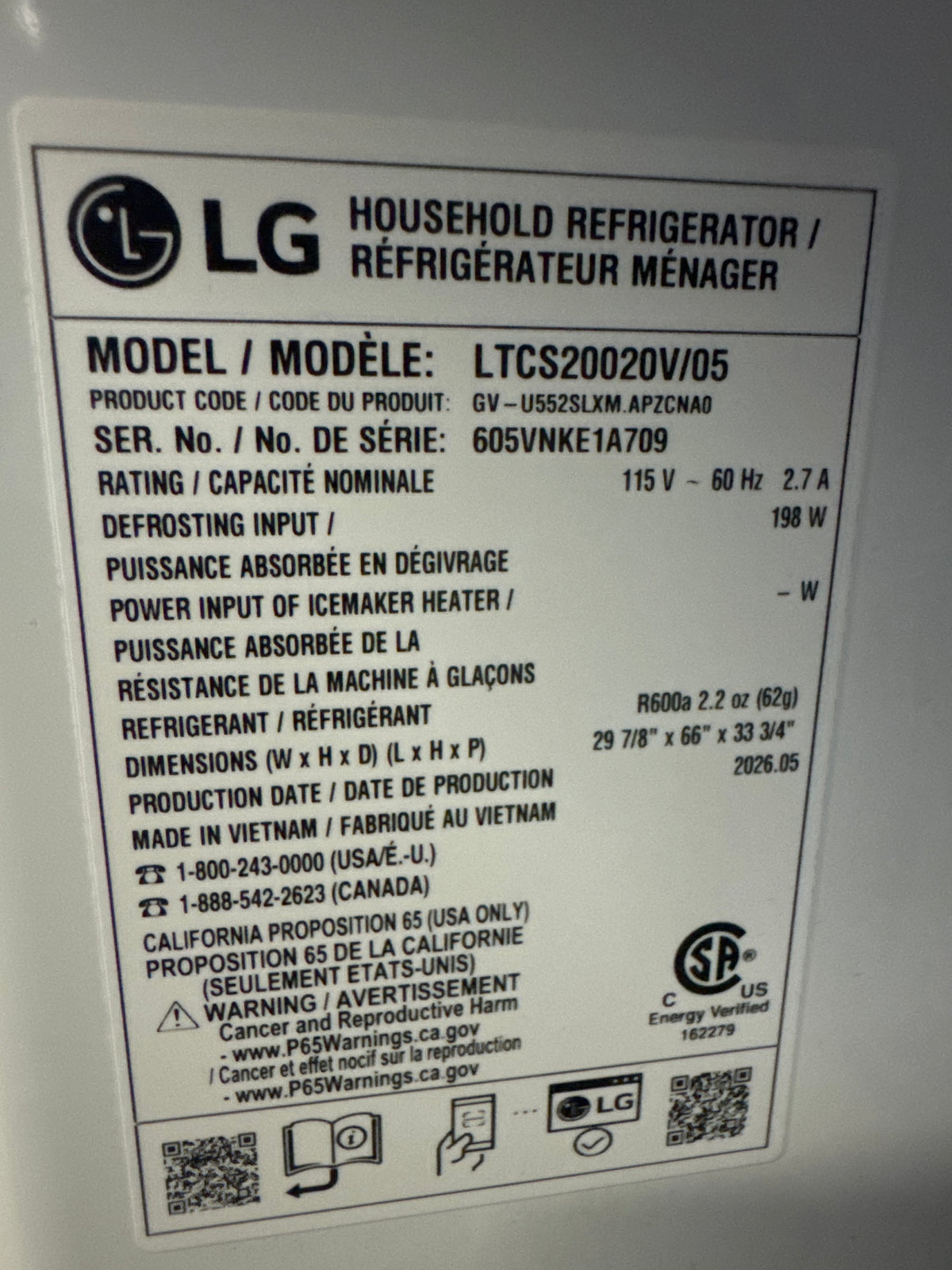 LG 30in Top Freezer Refrigerator Model#LTCS20020V/05 Serial#605VNKE1A709 (61)