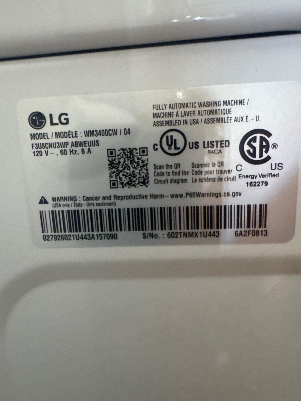 LG 4.5cu.ft Front Load Washer Model#WM3400CW Serial#602TNMX1U443 (HD932)