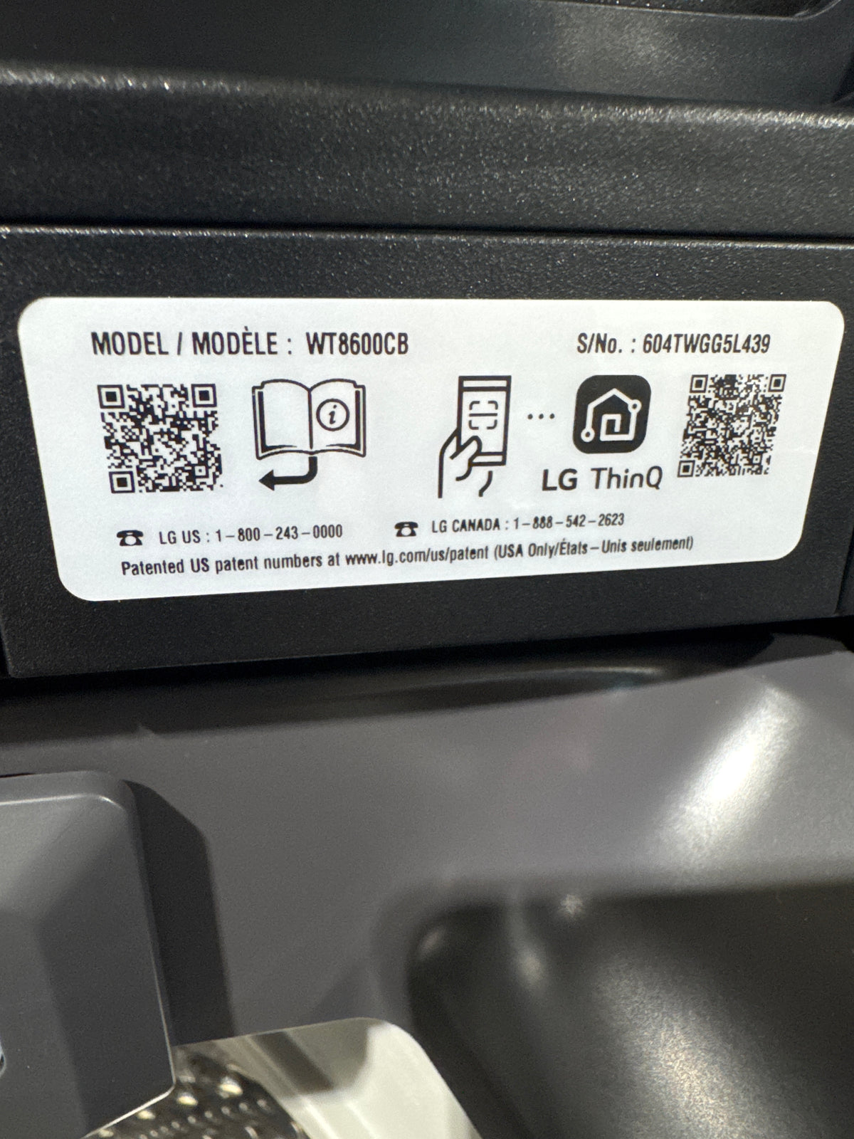 LG 5.5cu.ft Top Load Washer Model#WT8600CB Serial#604TWGG5L439 (84)
