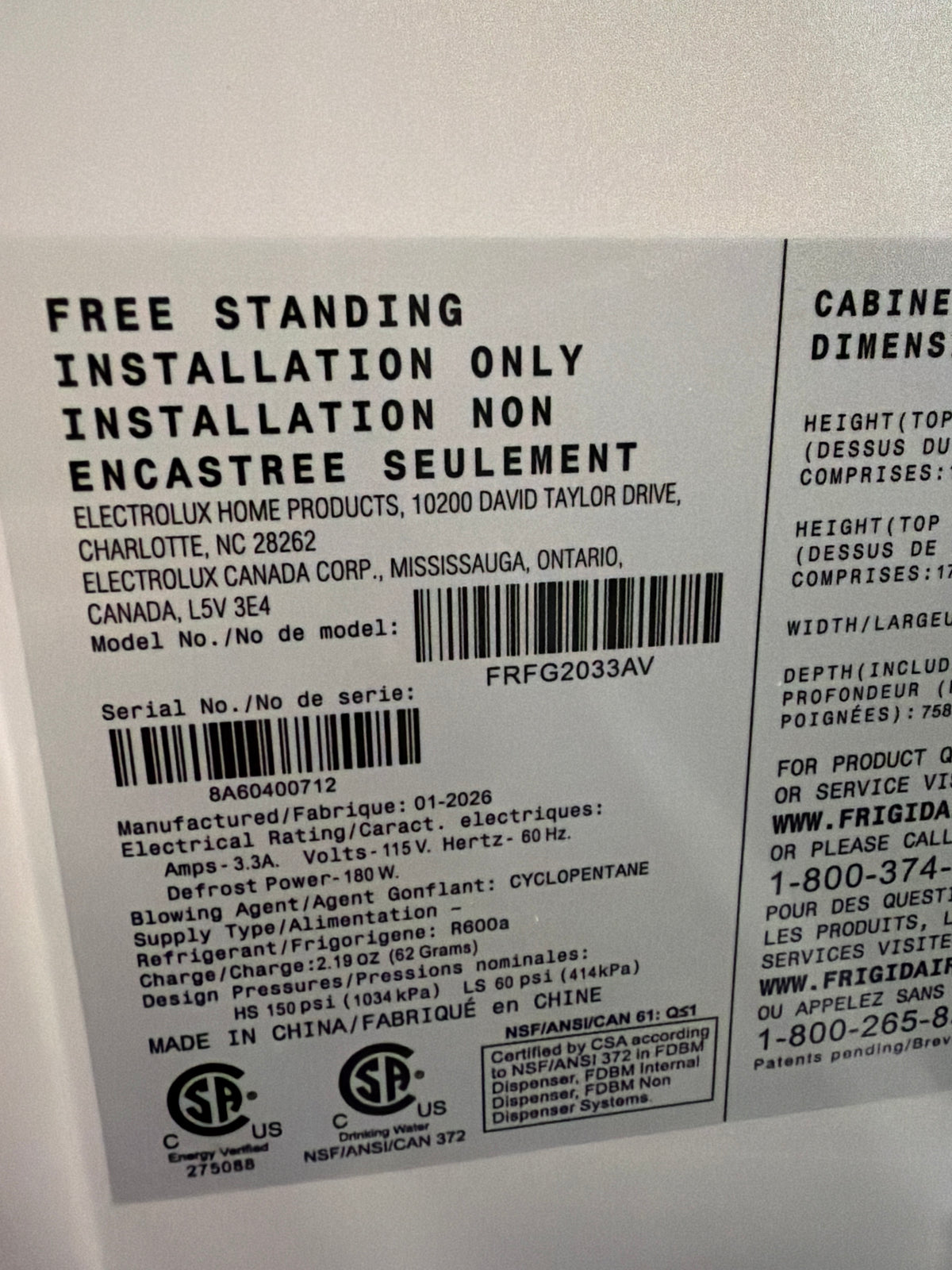 Frigidaire 33” Counter Depth Refrigerator Model #FRFG2033AV Serial #8A60400712 (04)