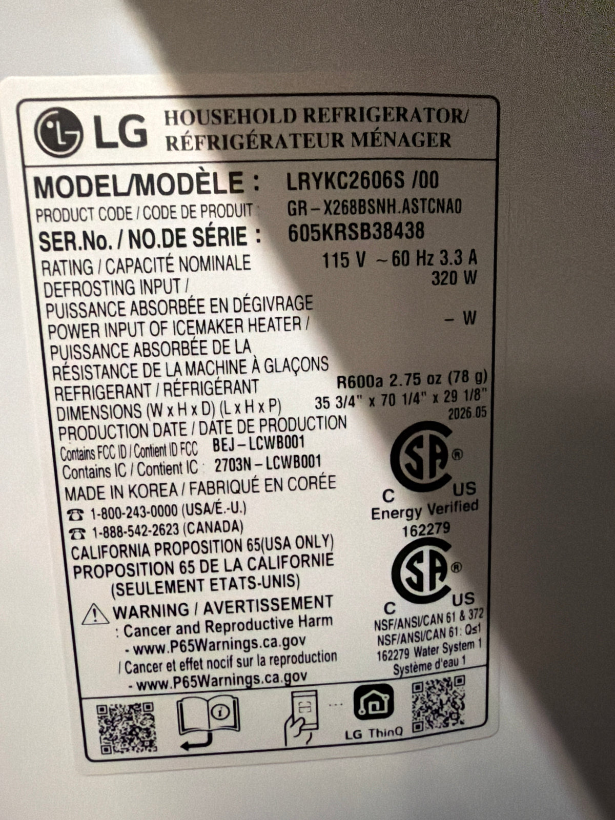 LG 36” Mirror Instaview French Door Refrigerator Model #LRYKC2606S  Serial #605KRSB38438 (03)