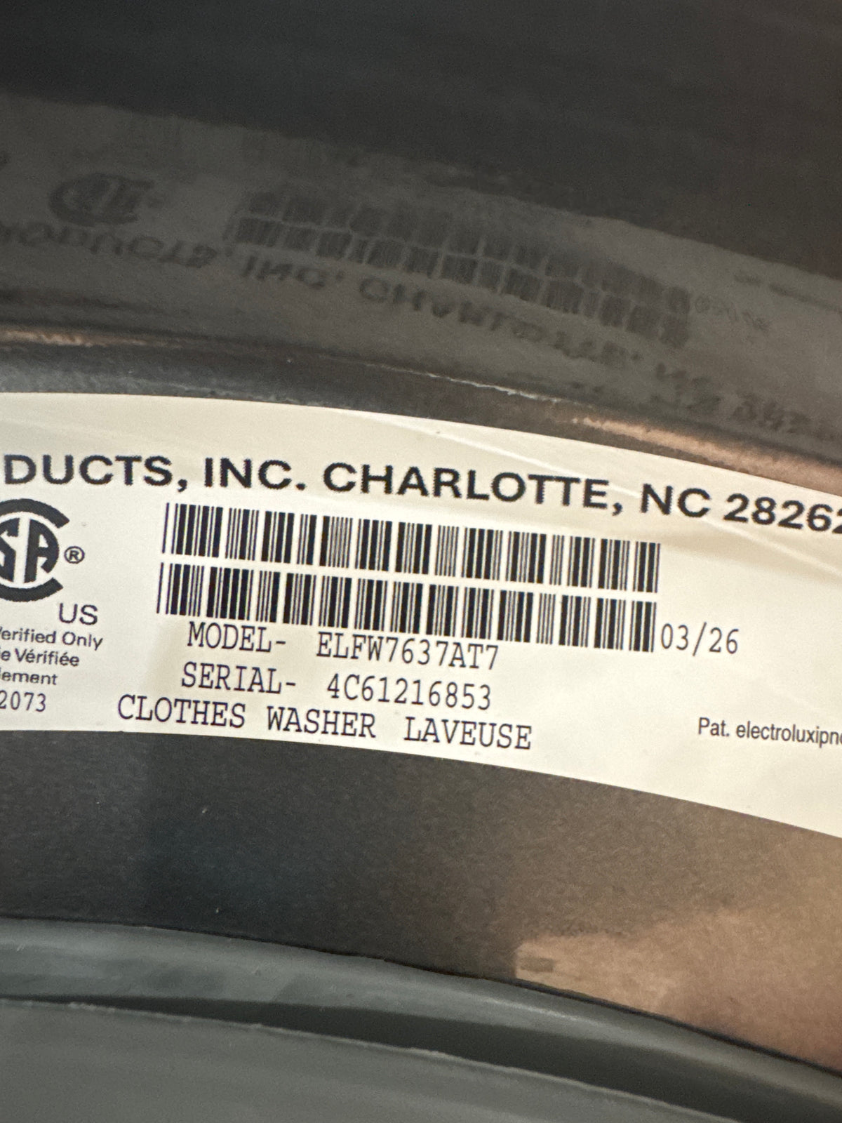 Electrolux 4.5cu.ft Front Load Washer Model#ELFW7637AT7 Serial#4C61216853 (89)