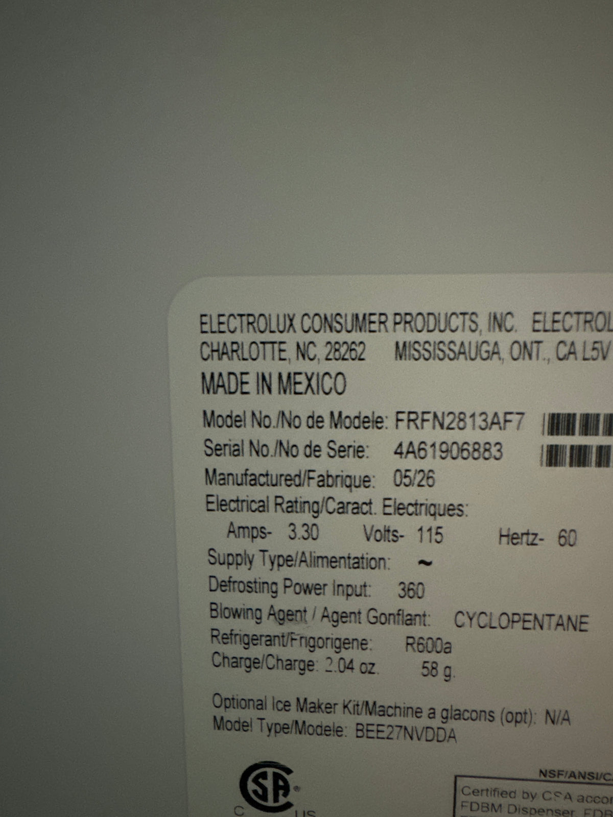 Frigidaire 36in French Door Refrigerator Model#FRFN2813AF7 Serial#4A61906883 (62)