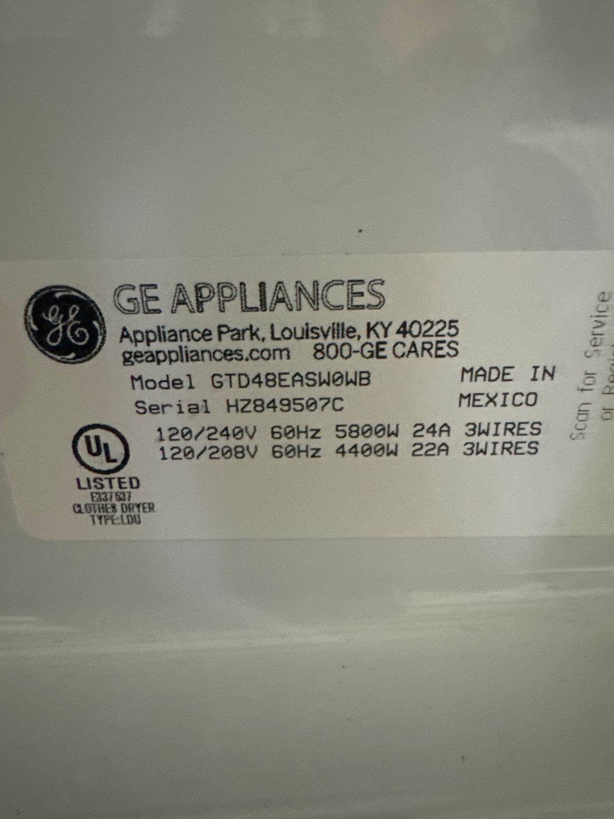 GE 7.2cu.ft Electric Dryer Model#GTD48EASWOWB Serial#HZ849507C (HD916)