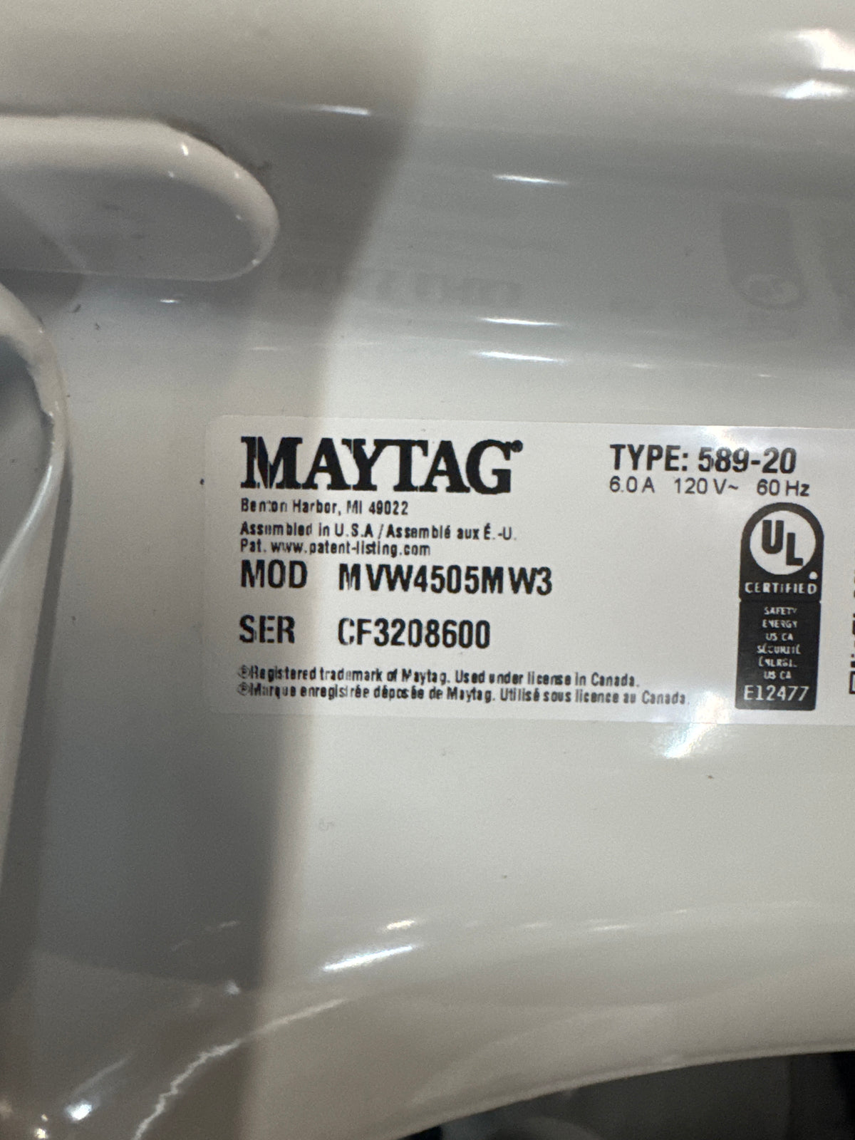 Maytag 4.5cu.ft Top Load Washer Model#MVW4505MW3 Serial#CF3208600 (HD905)