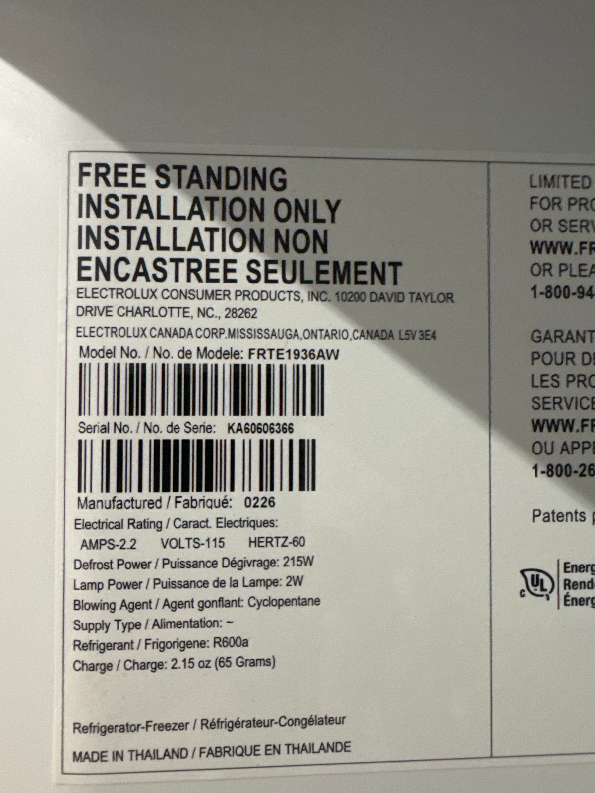 Frigidaire 30in Top Freezer Refrigerator Model#FRTE1936AW Serial#KA60606366 (23)