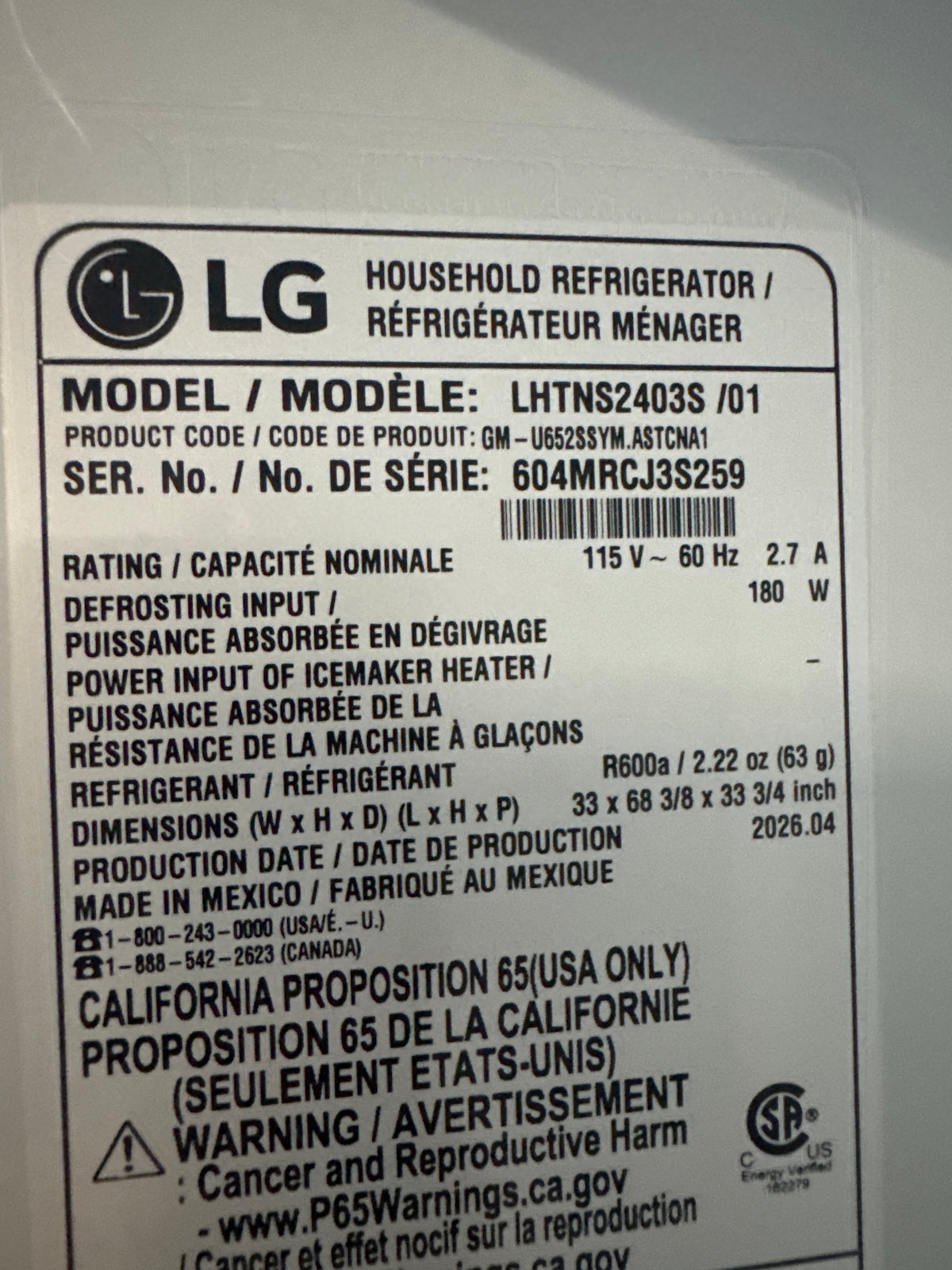 LG 33in Top Freezer Refrigerator Model#LHTNS2403S Serial#604MRCJ3S259 (HD926)