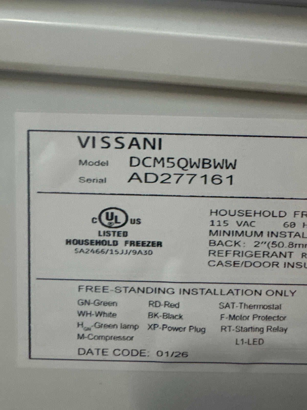 Vissani 5.0cu.ft Manual Defrost Chest Freezer Model#DCM5QWBWW Serial#AD277161 (P01)