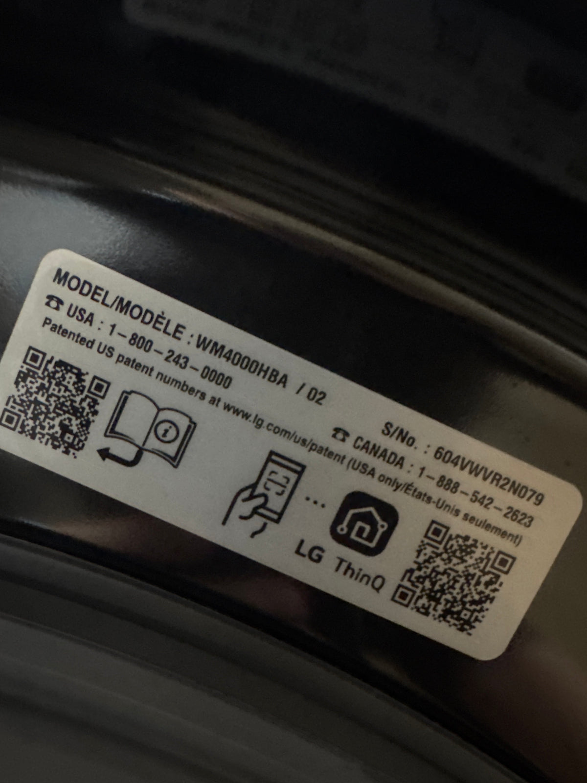 LG 4.5cu.ft Front Load Washer Model#WM4000HBA Serial#604VWVR2N079 (HD938)