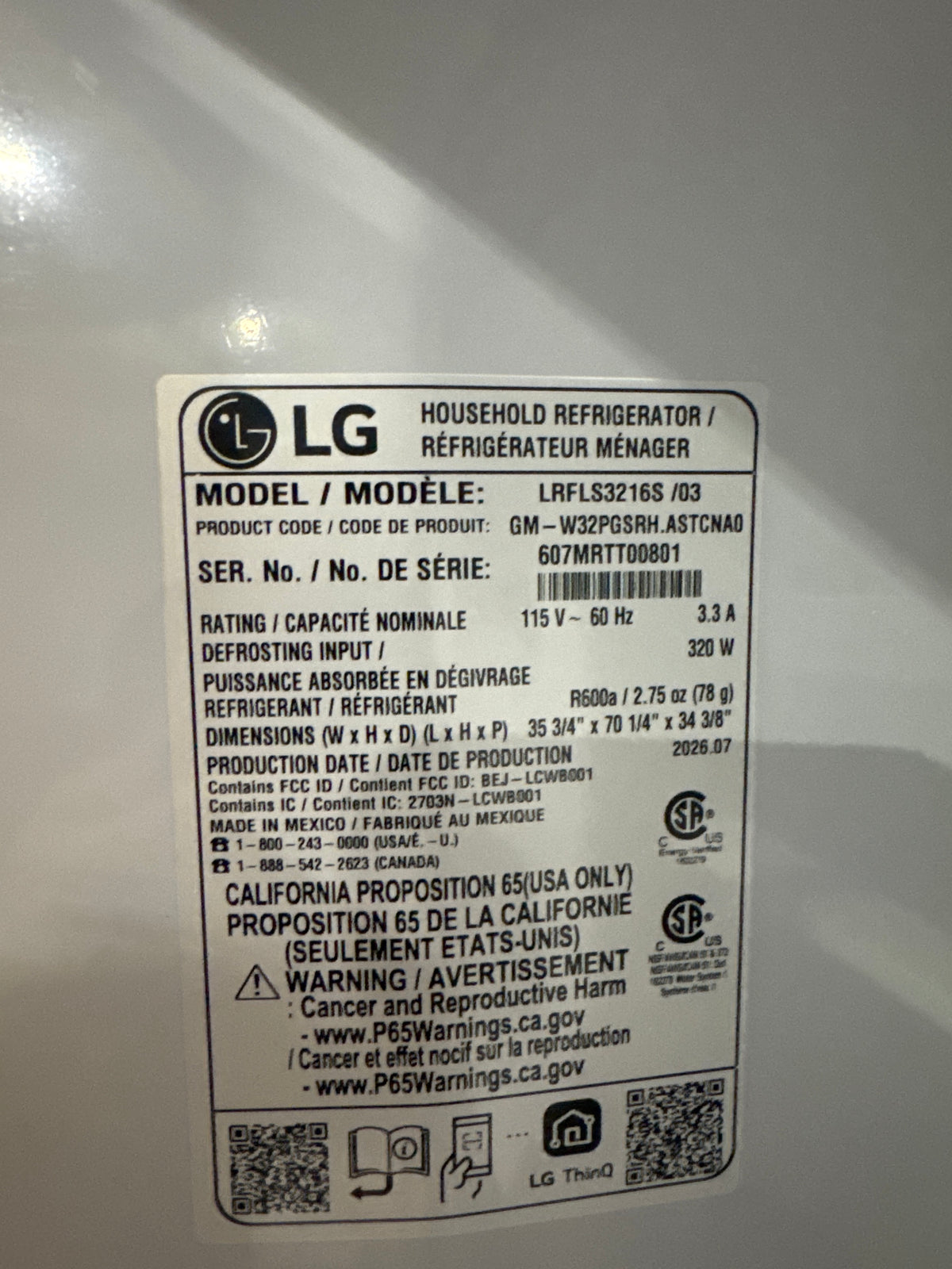 LG 36in French Door Refrigerator Model#LRFLS3216S Serial#607MRTT00801 (65)