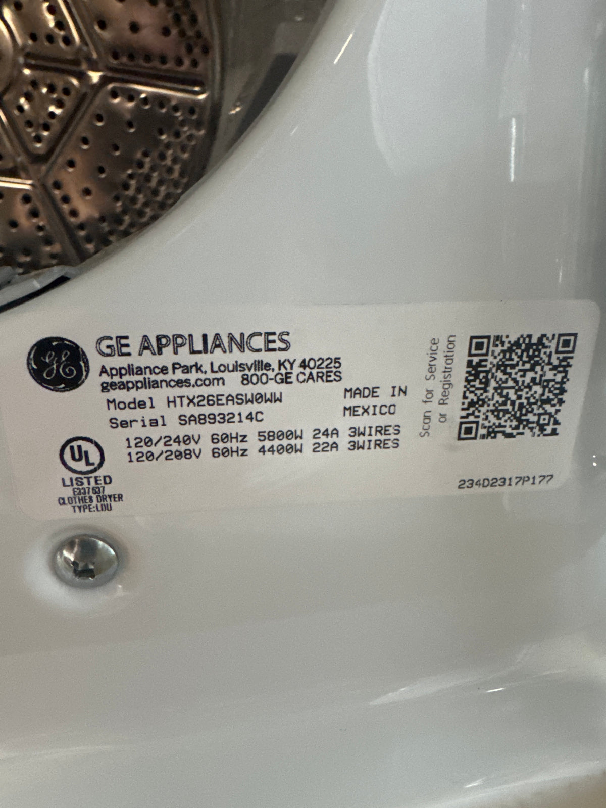 Hotpoint 6.2cu.ft ELECTRIC Dryer Model#HTX26EASW0WW Serial#SA893214C (P12)