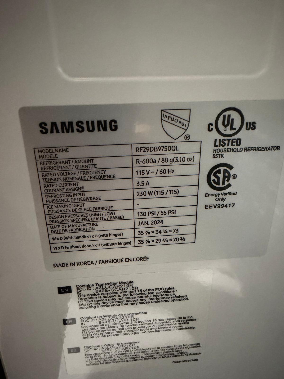 Samsung Bespoke 36" 4 Door Refrigerator Model #RF29DB9750  Serial #1MZC43AX100213M (29)