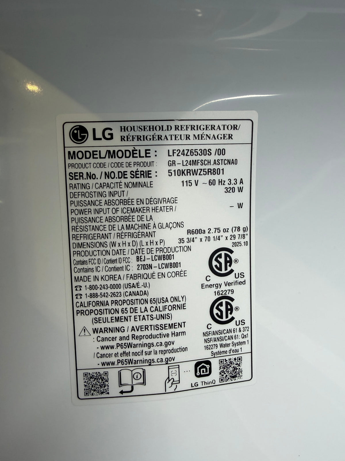 LG 36" French Door Refrigerator Counter Depth Model #LF2426530S  Serial #510KRWZ5R801 (30)