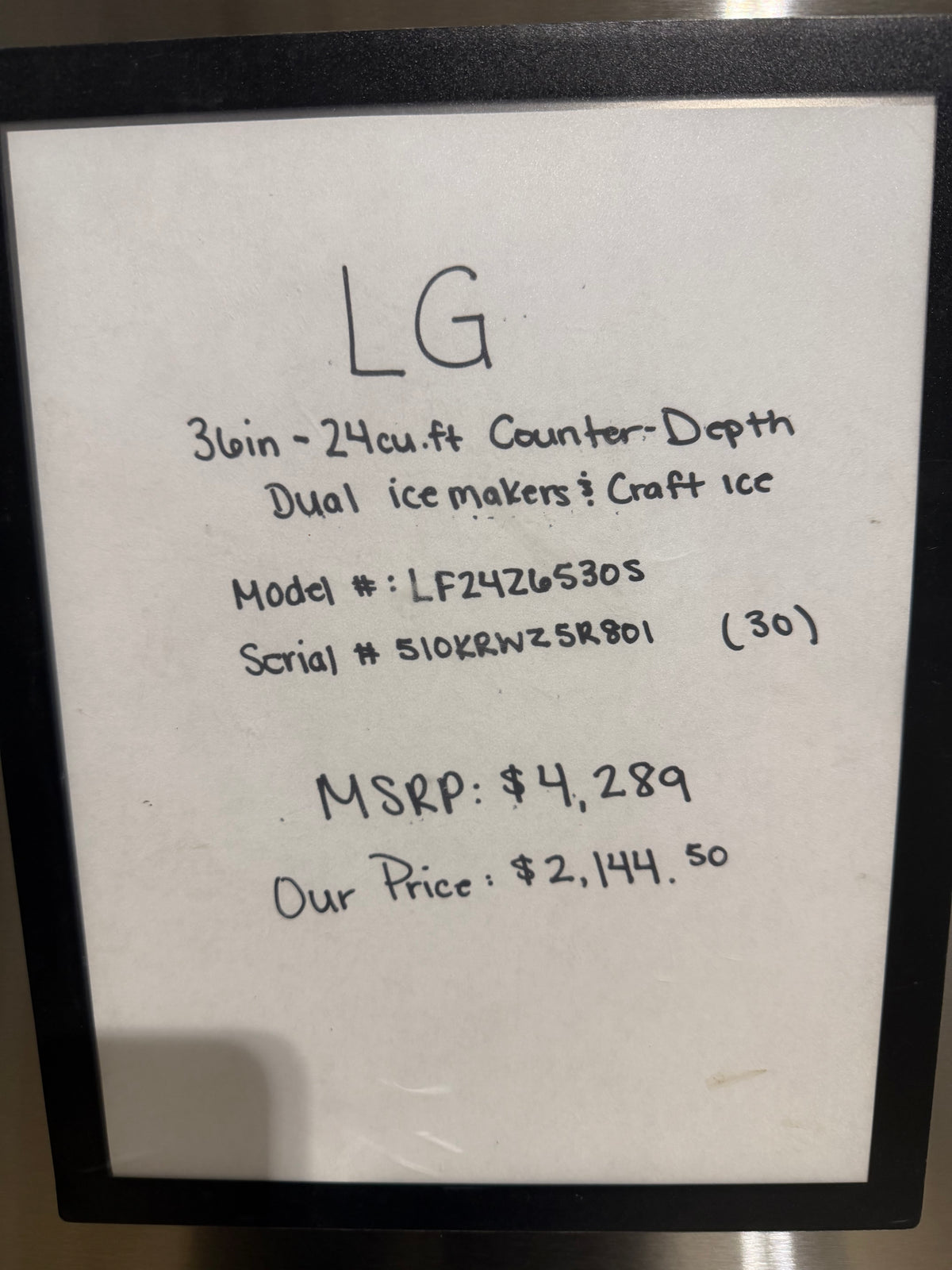 LG 36" French Door Refrigerator Counter Depth Model #LF2426530S  Serial #510KRWZ5R801 (30)