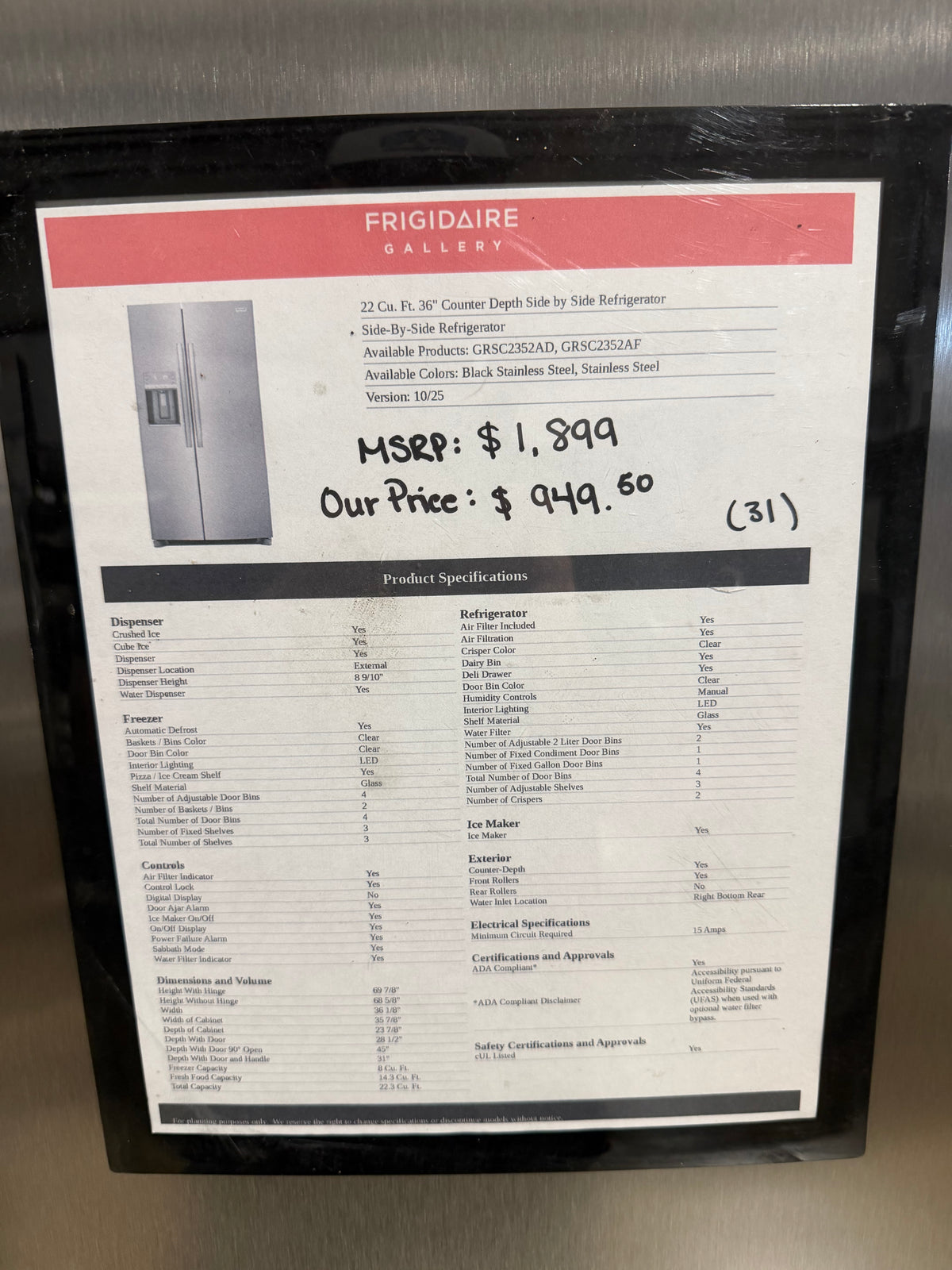 Frigidaire Gallery 36" Side by Side Refrigerator Model #GRSC2352AFF  Serial #4A61205766 (31)
