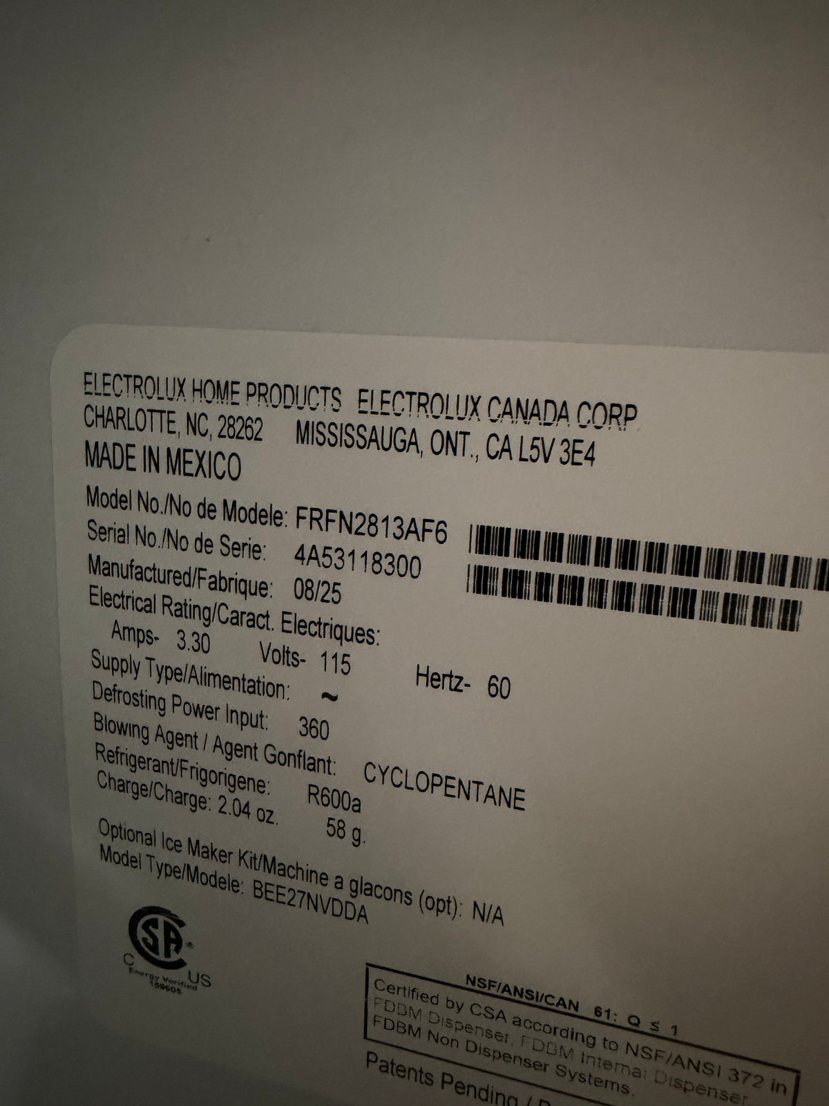 Frigidaire 36" French Door Refrigerator Model #FRFN2813AF  Serial #4A53118300 (32)
