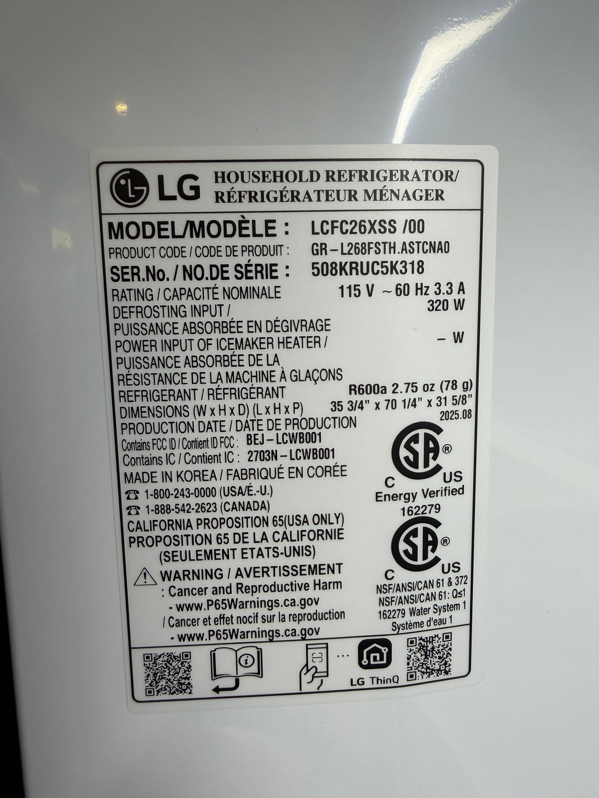 LG 36" French Door Refrigerator Model #LCFC26XSS  Serial #508KRUC5K318 (33)