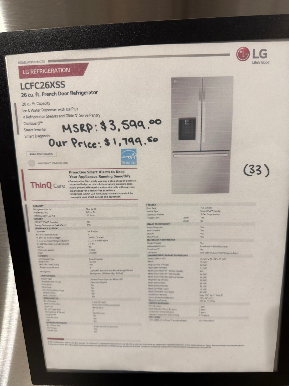 LG 36" French Door Refrigerator Model #LCFC26XSS  Serial #508KRUC5K318 (33)