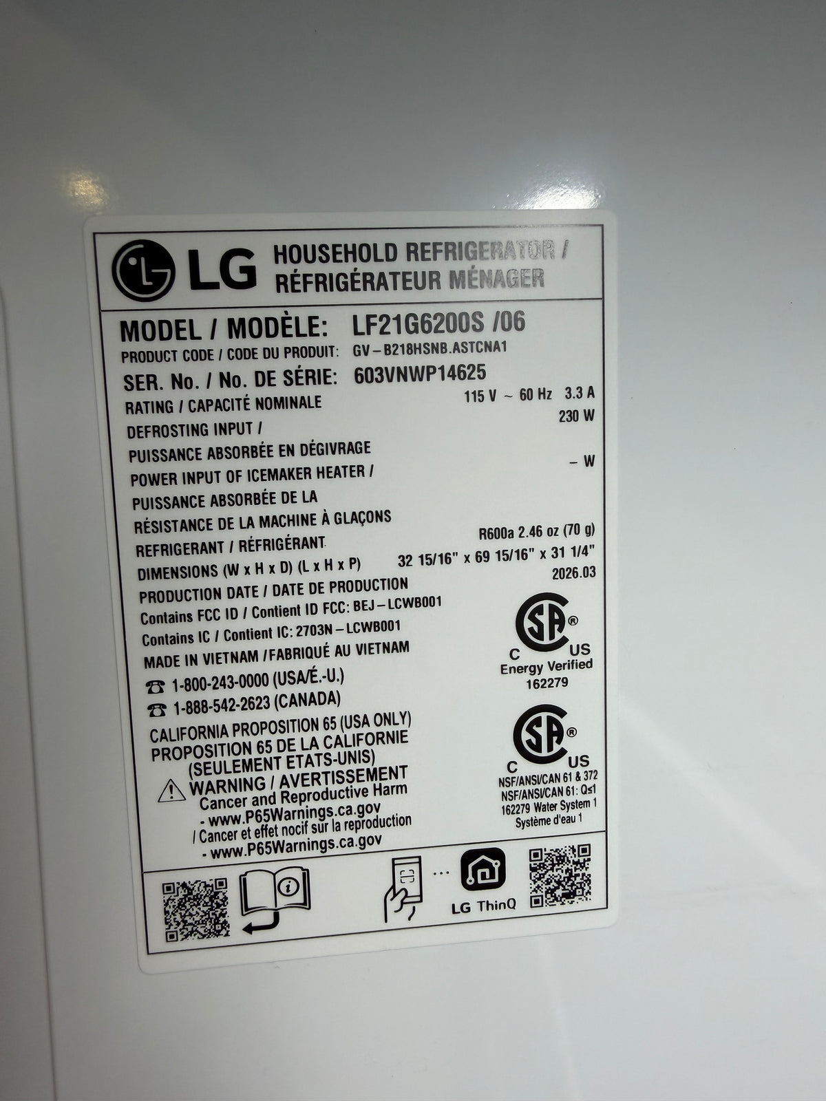 LG 33" French Door Refrigerator Model #LF21G6200S  Serial #603VNWP14625 (34)