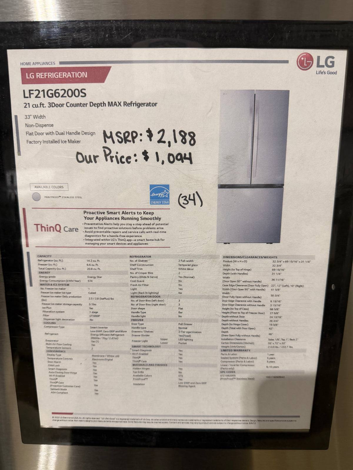 LG 33" French Door Refrigerator Model #LF21G6200S  Serial #603VNWP14625 (34)