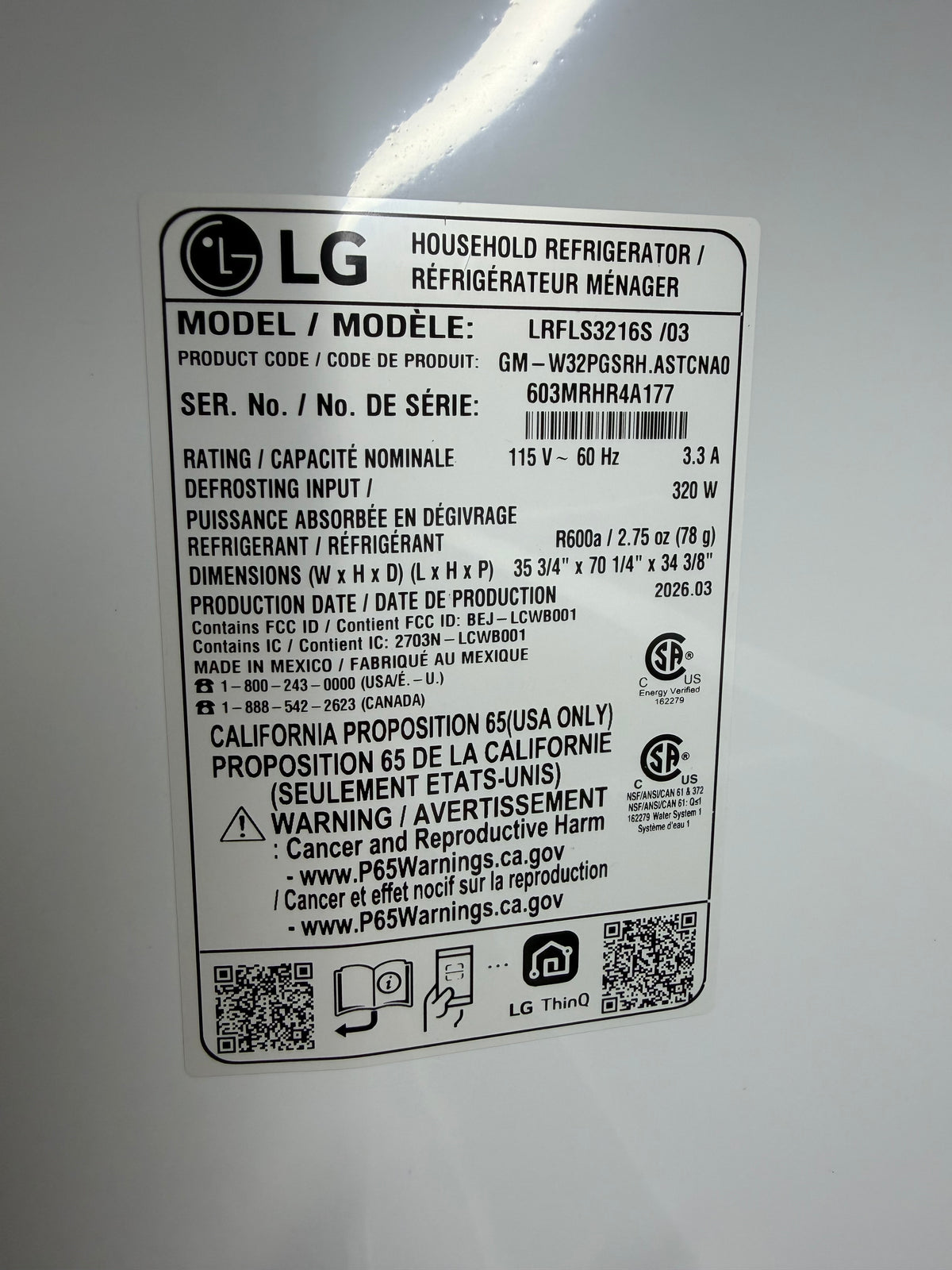 LG 36" French Door Refrigerator Model #LRFLS3216S  Serial #603MRHR4A177 (35)