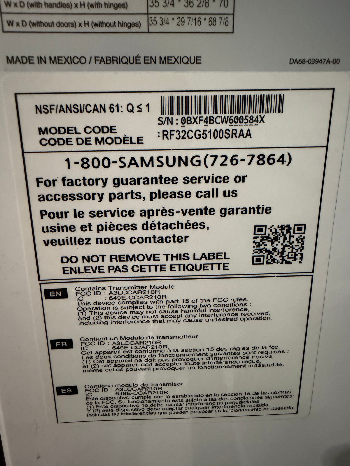 Samsung 36" French Door Refrigerator Model #RF32CG5100SR  Serial #0BXF4BCW600584X (36)